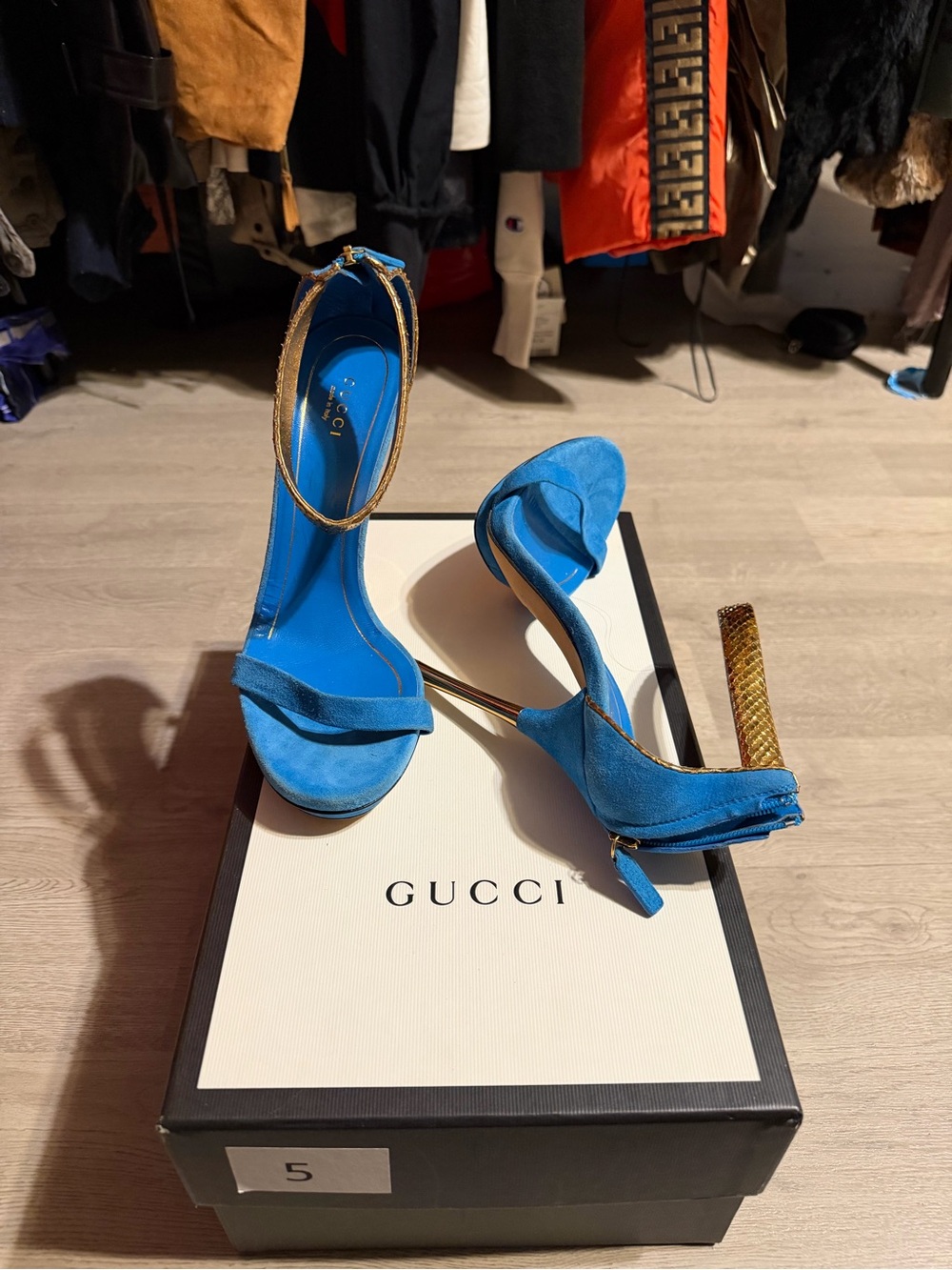 Gucci Blue Suede Open-Toe Stiletto Sandals with Gold Ankle Strap